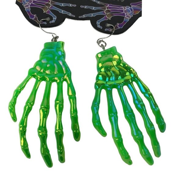 2 New Pair Skull N Bones Boney Fingers Dangle Earrings Hand Iridescent Halloween - Picture 4 of 6
